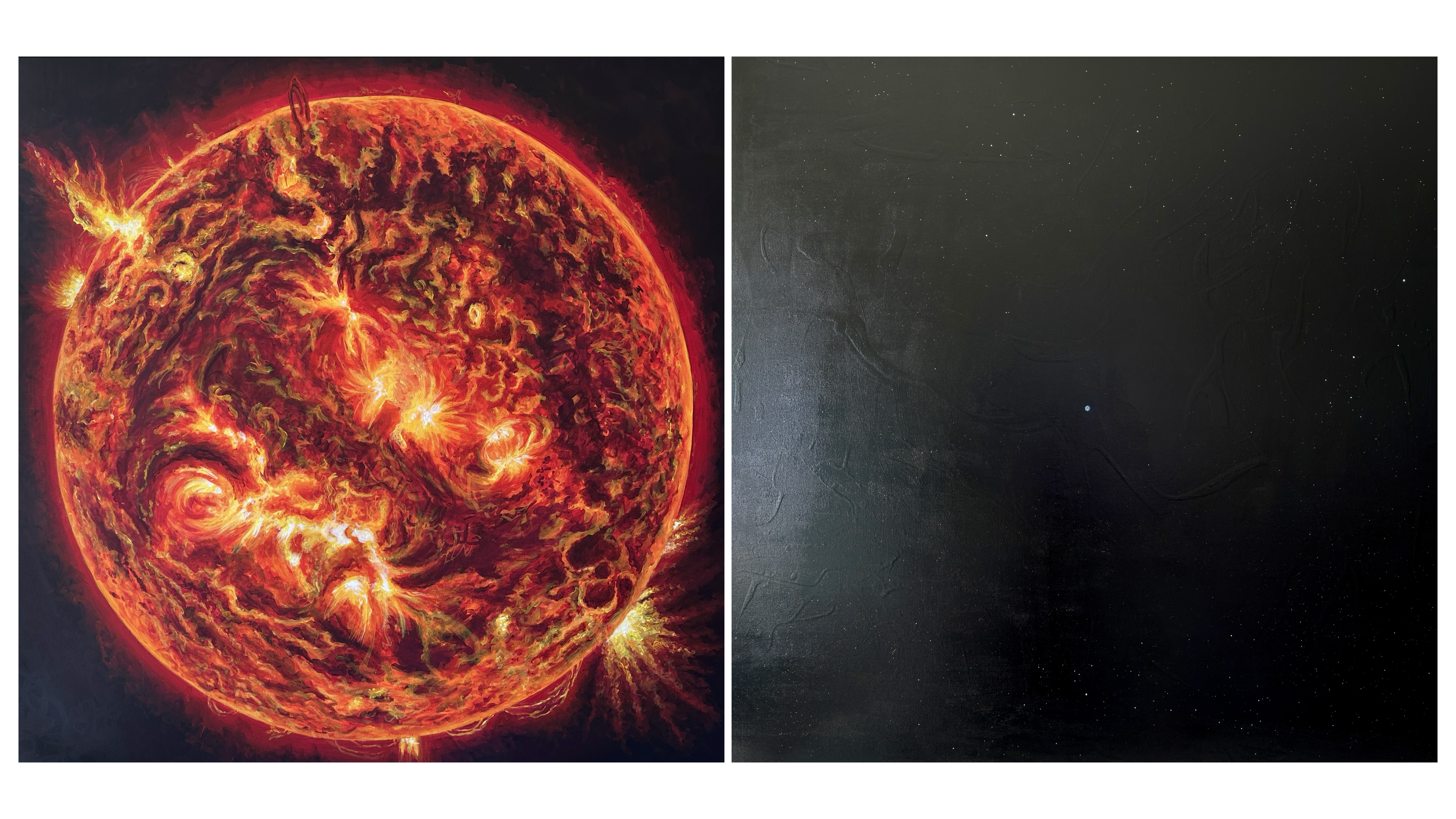 Star, Dust. — a diptych of the Sun and the Earth painted to scale